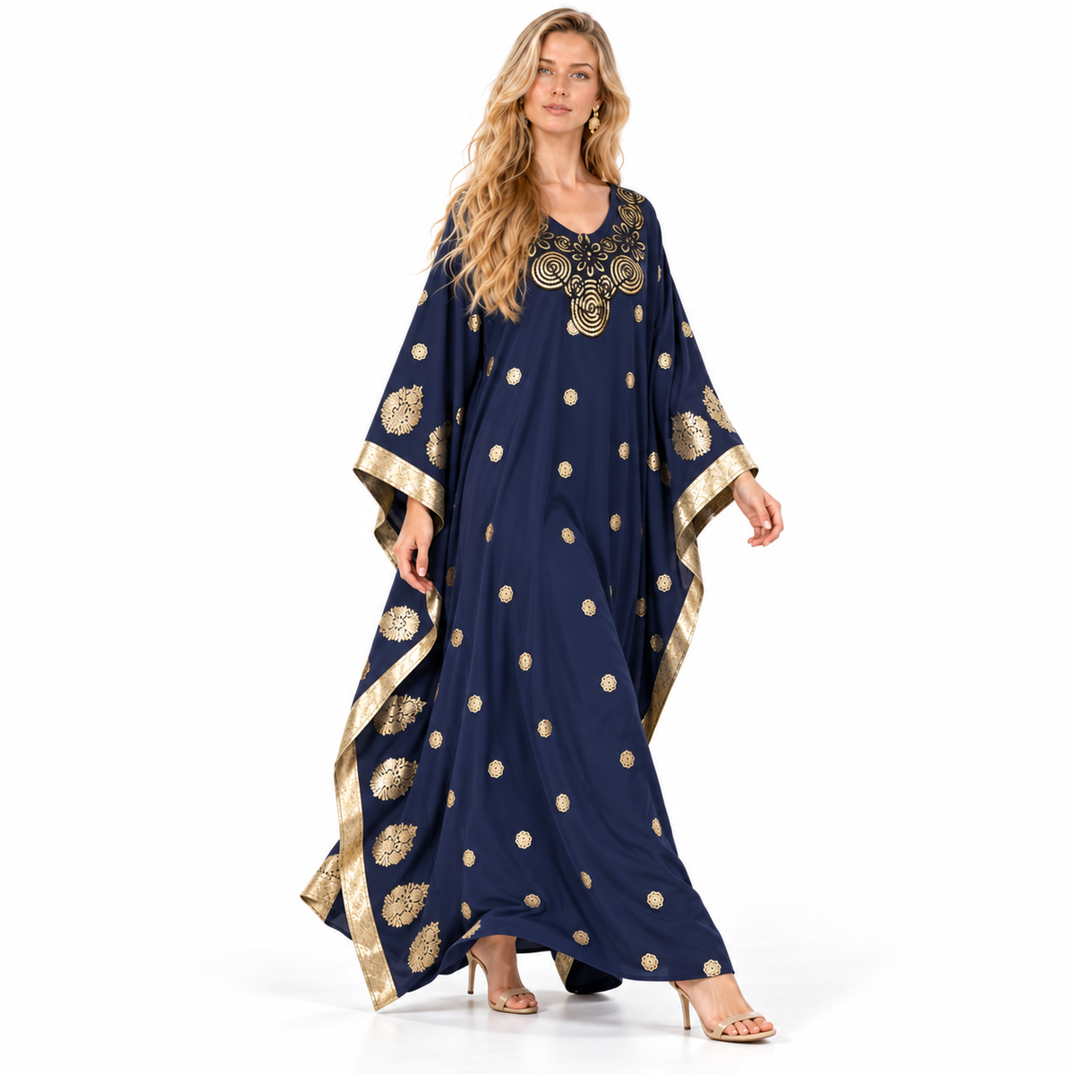 Elegant Blue Gold Embroidered Gamis Kaftan
