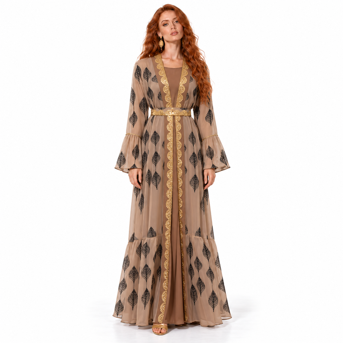 Beige Gold Floral Embroidered Lebaran Kaftan
