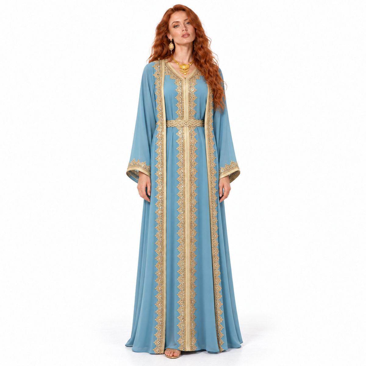 Elegant Blue Gold Embroidered Lebaran Kaftan-1