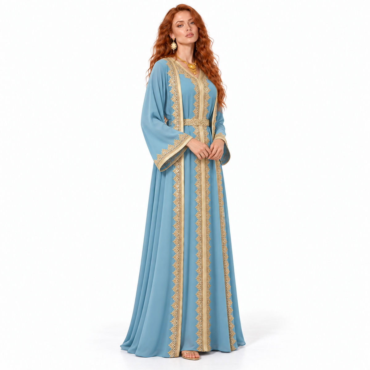 Elegant Blue Gold Embroidered Lebaran Kaftan-2