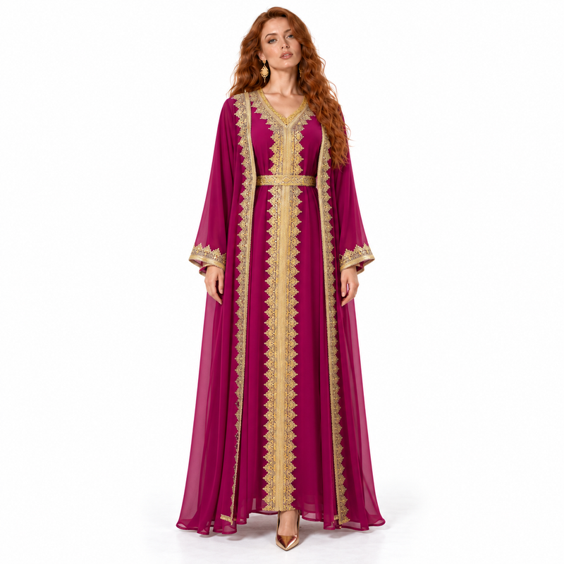 Magenta Gold Embroidered Lebaran Kaftan Dress-1