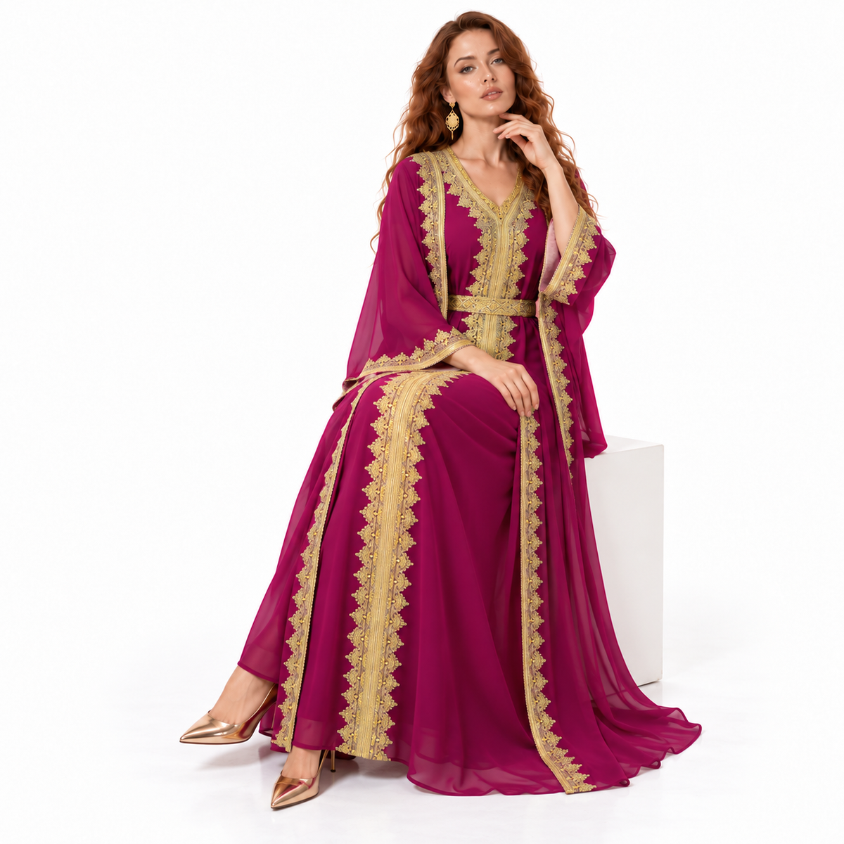 Magenta Gold Embroidered Lebaran Kaftan Dress-3