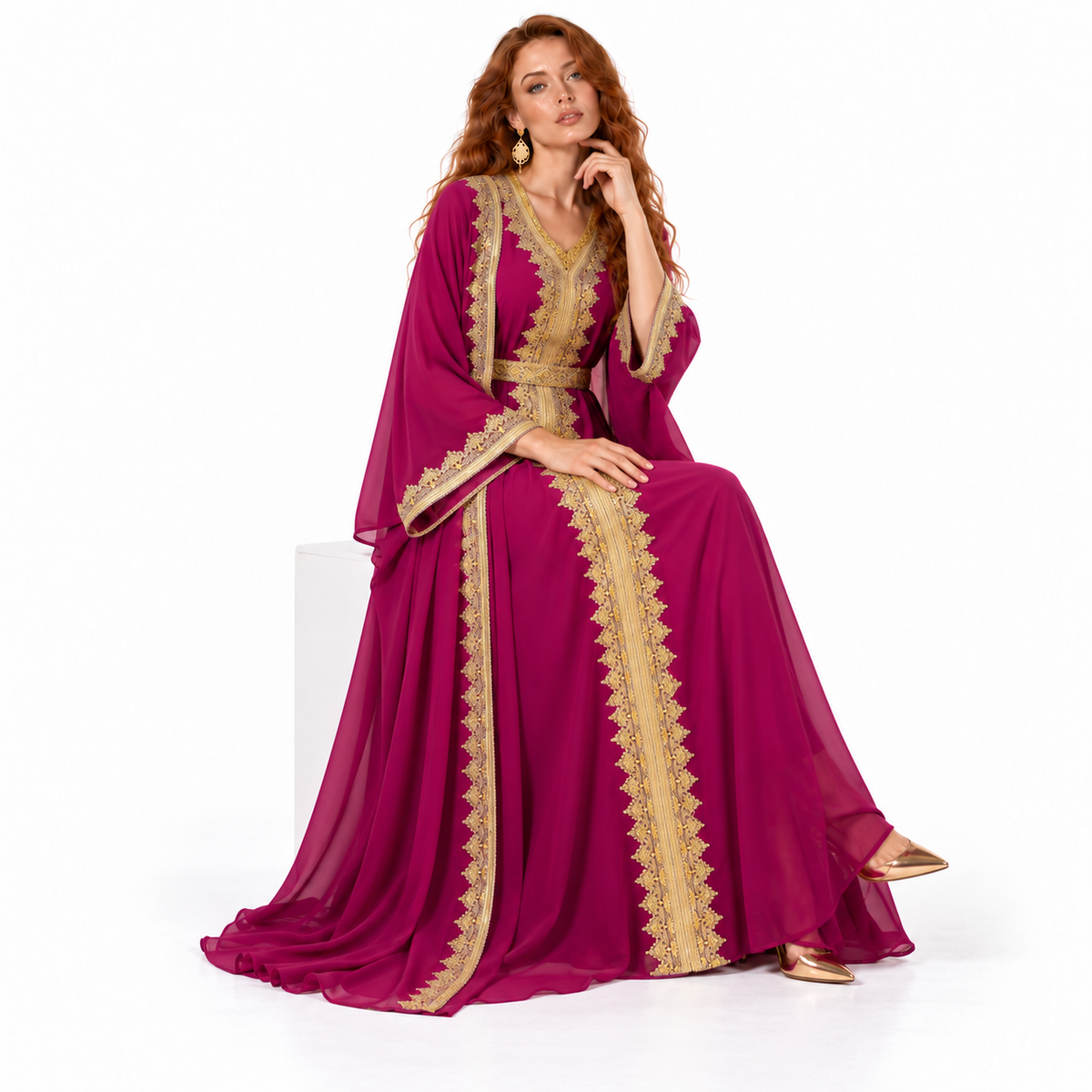 Magenta Gold Embroidered Lebaran Kaftan Dress-2