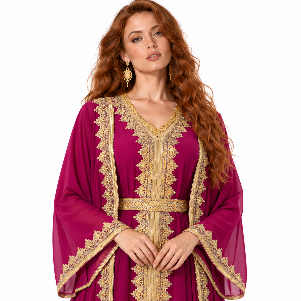 Magenta Gold Embroidered Lebaran Kaftan Dress-4