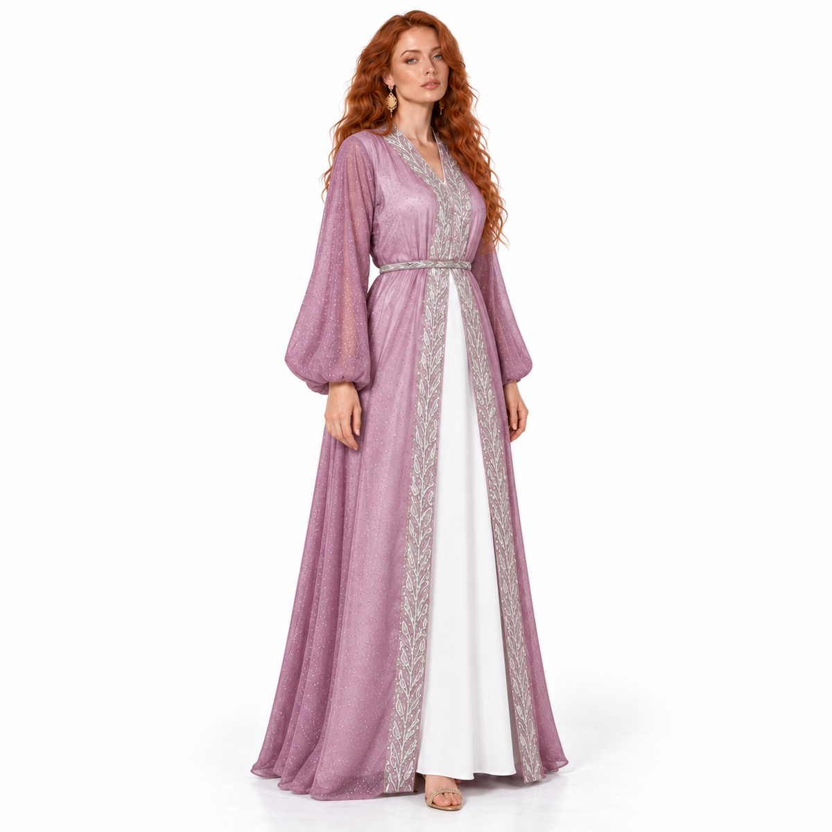 Mauve Silver Embroidered Elegant Lebaran Kaftan