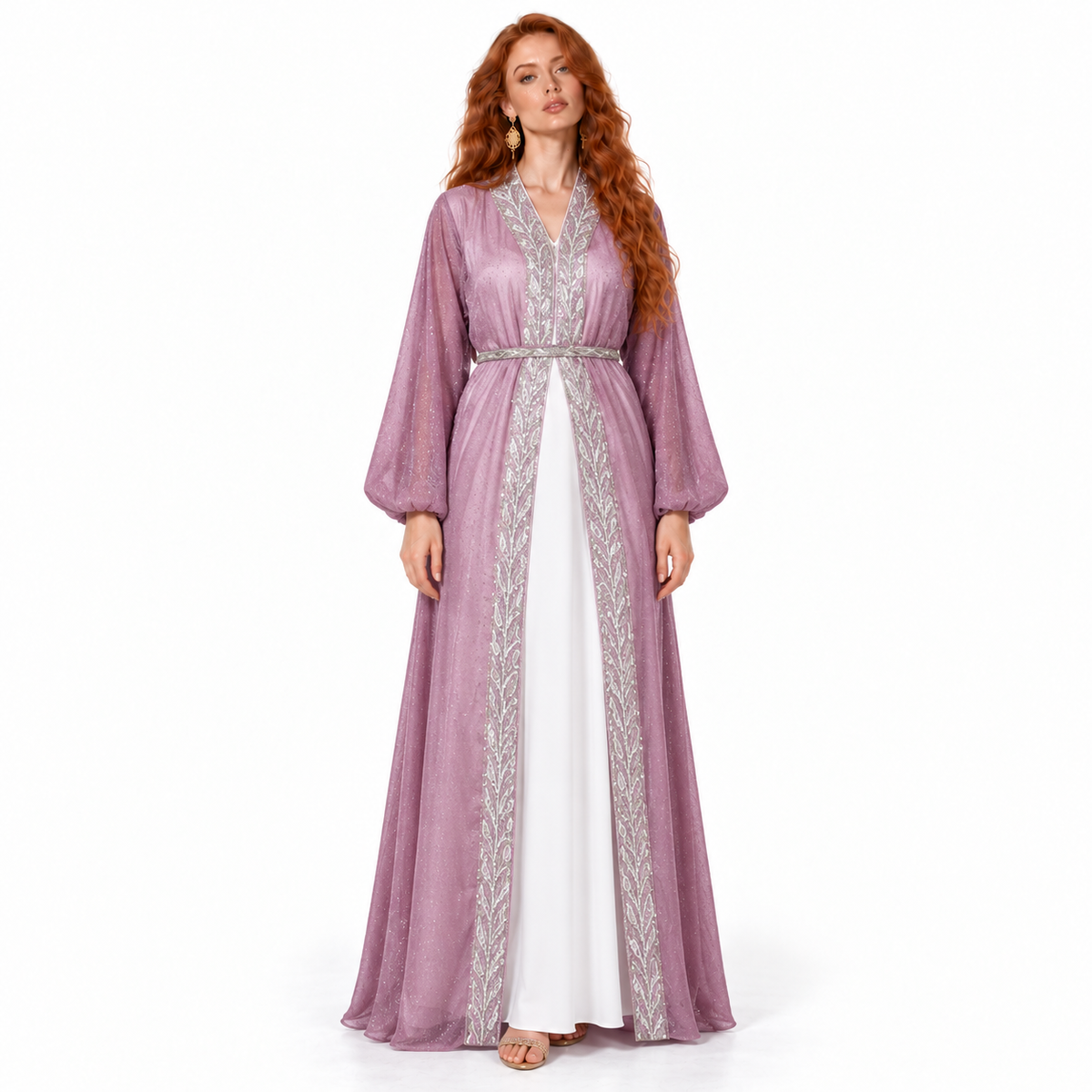 Mauve Silver Embroidered Elegant Lebaran Kaftan-1
