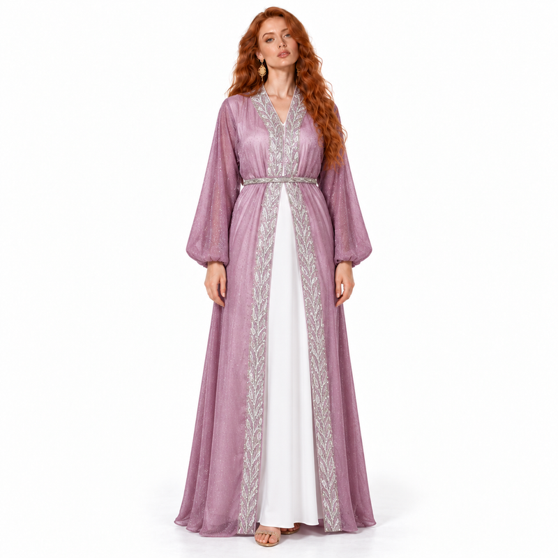 Mauve Silver Embroidered Elegant Lebaran Kaftan-1