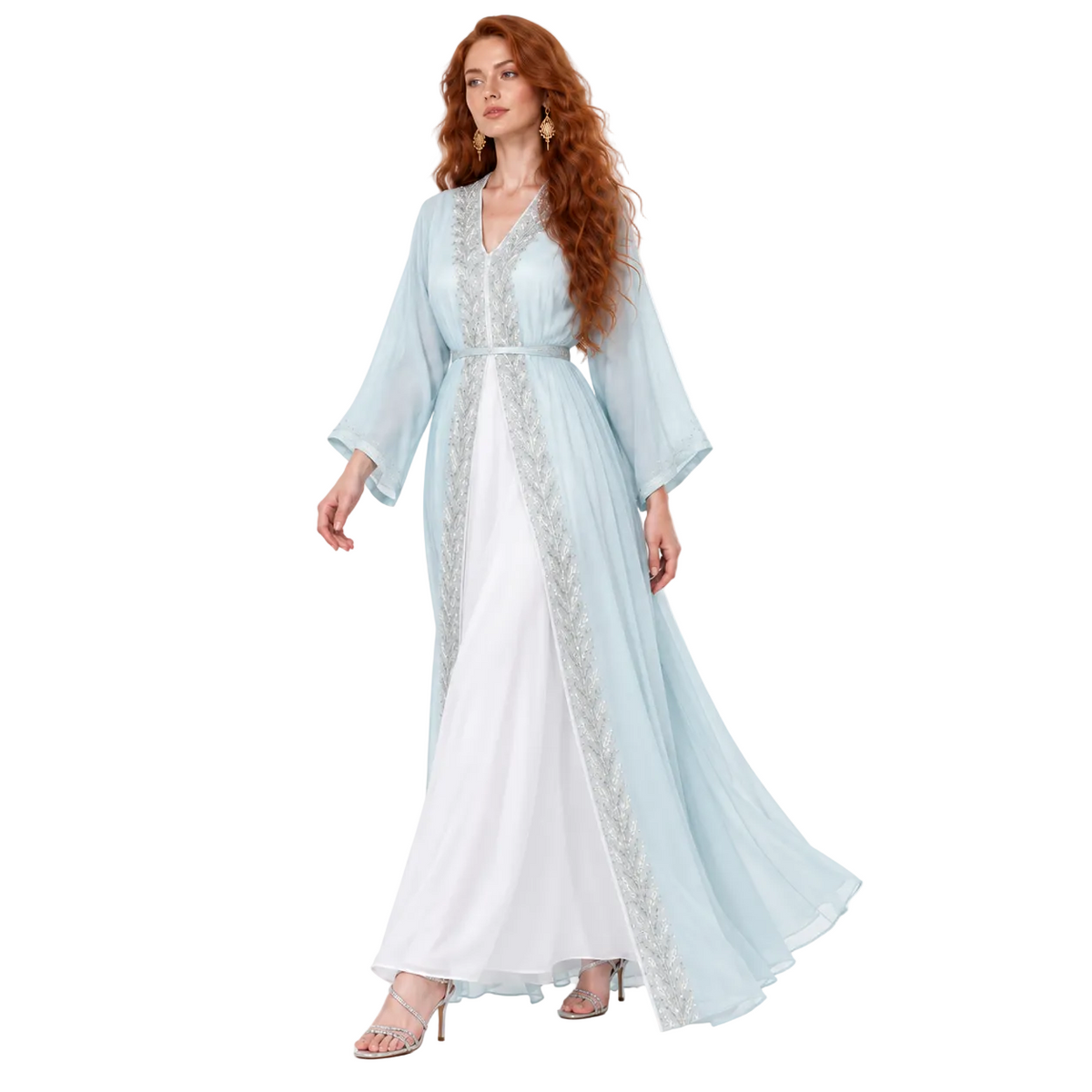 Ice Blue Silver Embroidered Lebaran Kaftan-3