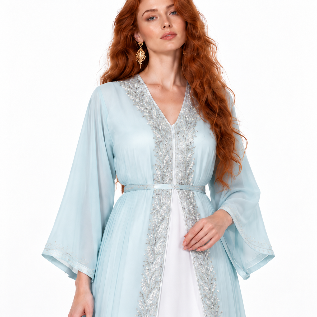 Ice Blue Silver Embroidered Lebaran Kaftan-4