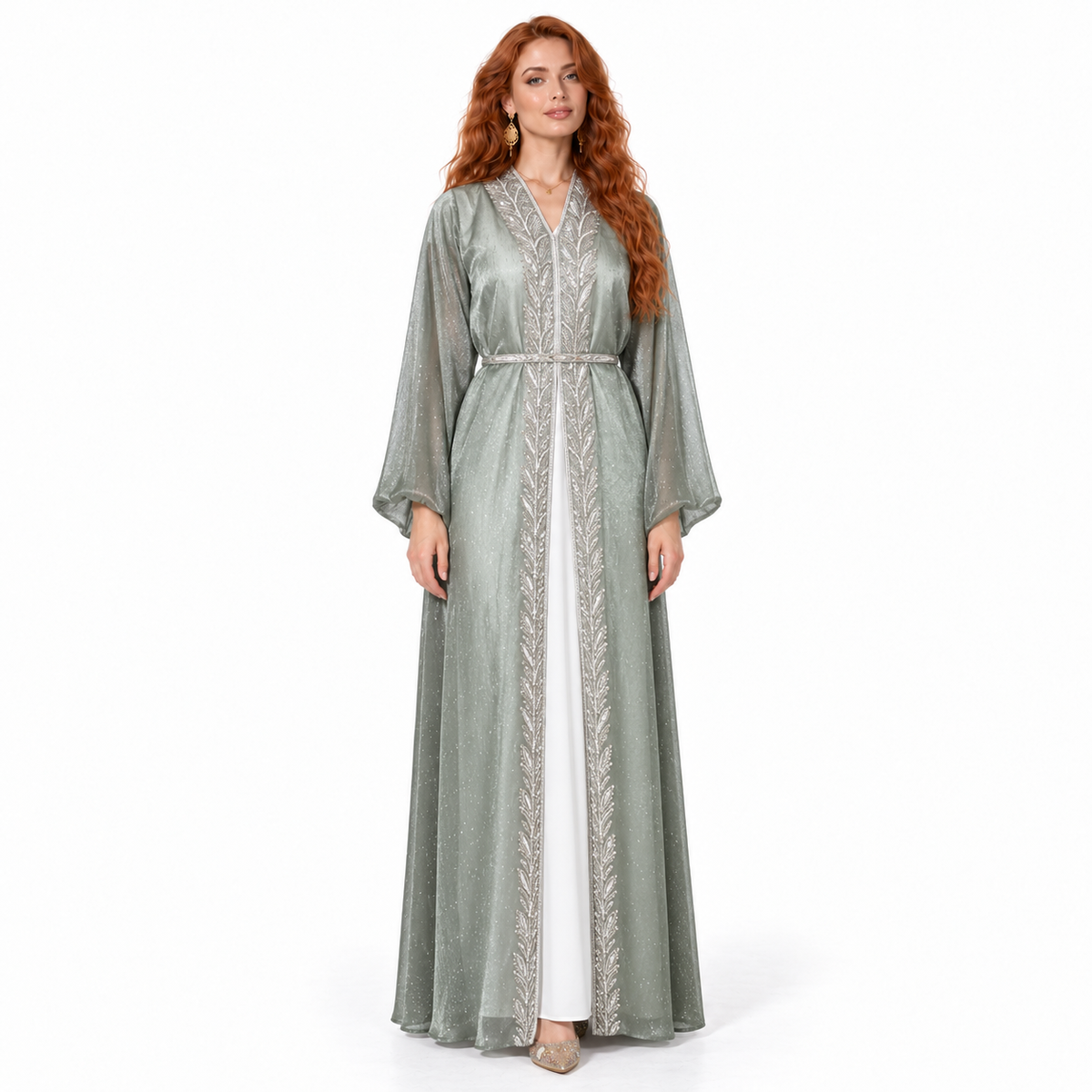 Sage Green Silver Embroidered Lebaran Kaftan-1