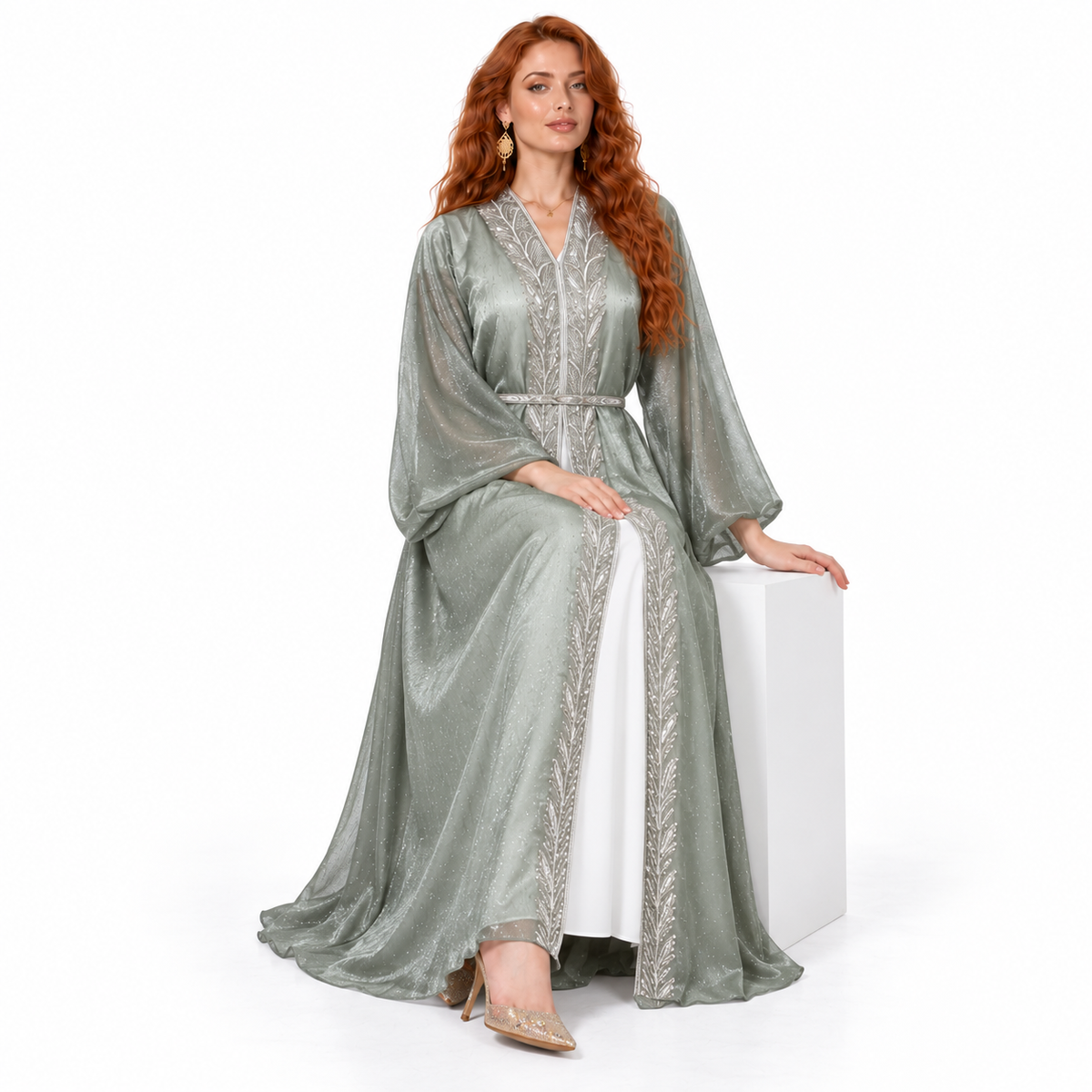 Sage Green Silver Embroidered Lebaran Kaftan