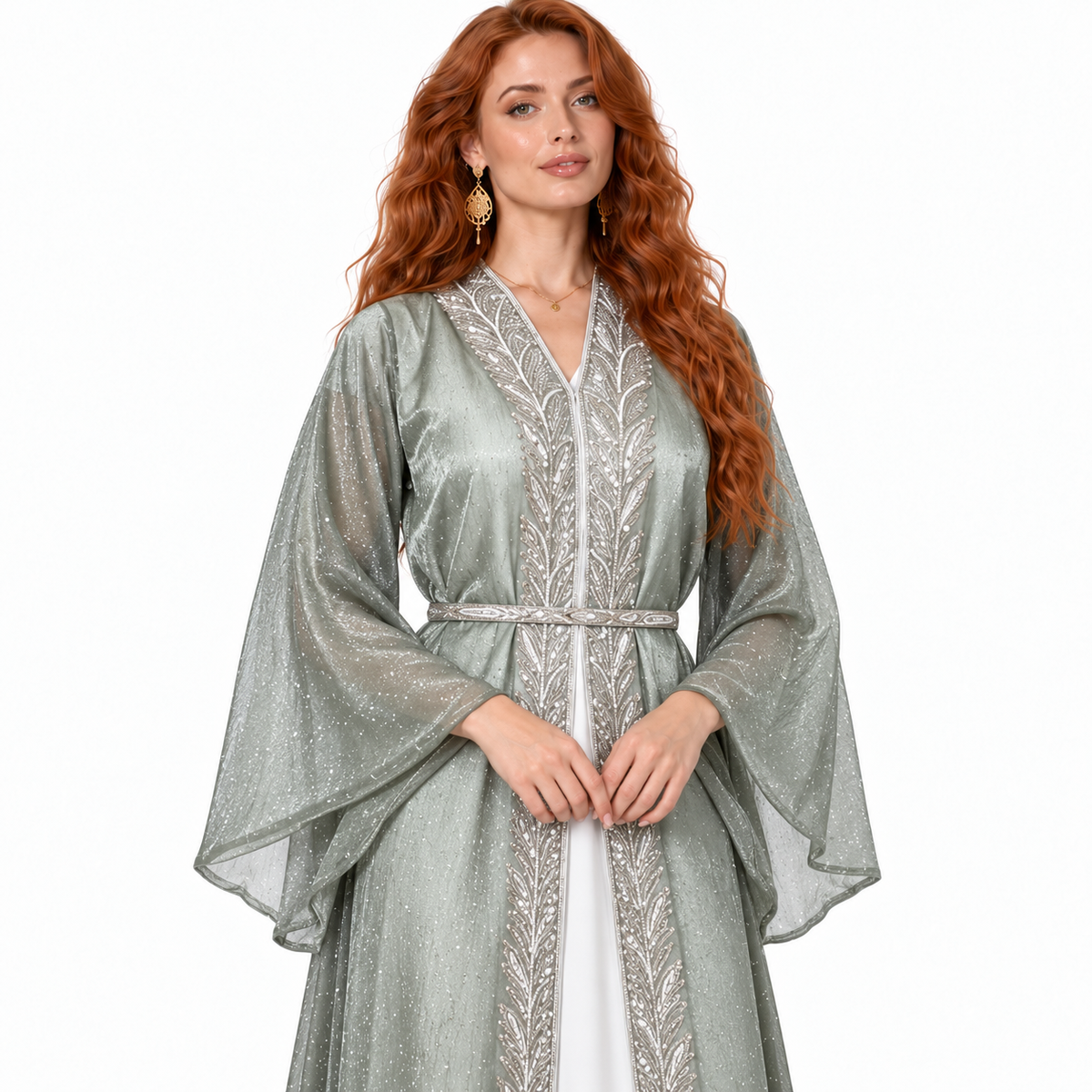 Sage Green Silver Embroidered Lebaran Kaftan-4