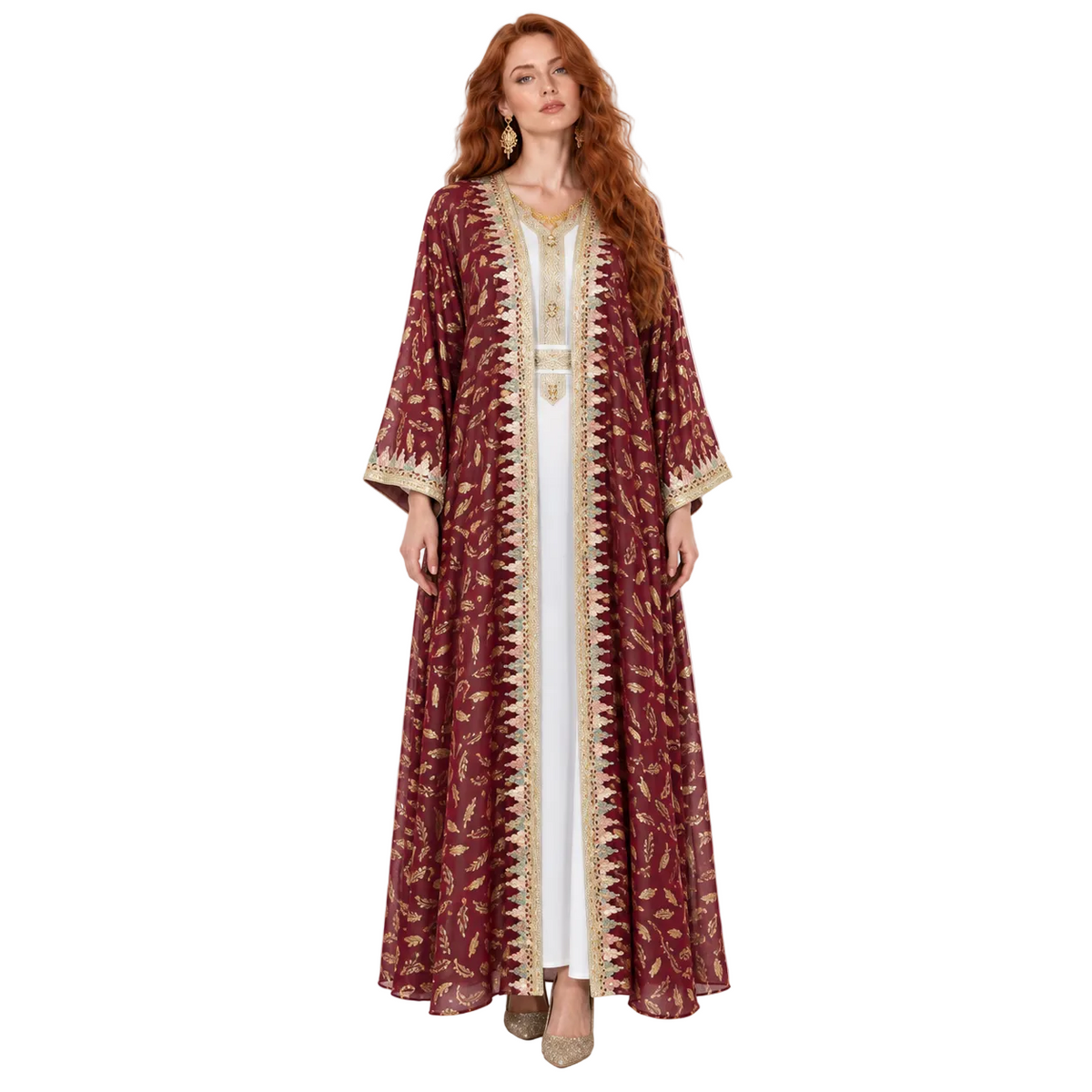Burgundy Gold Floral Embroidered Lebaran Kaftan-1