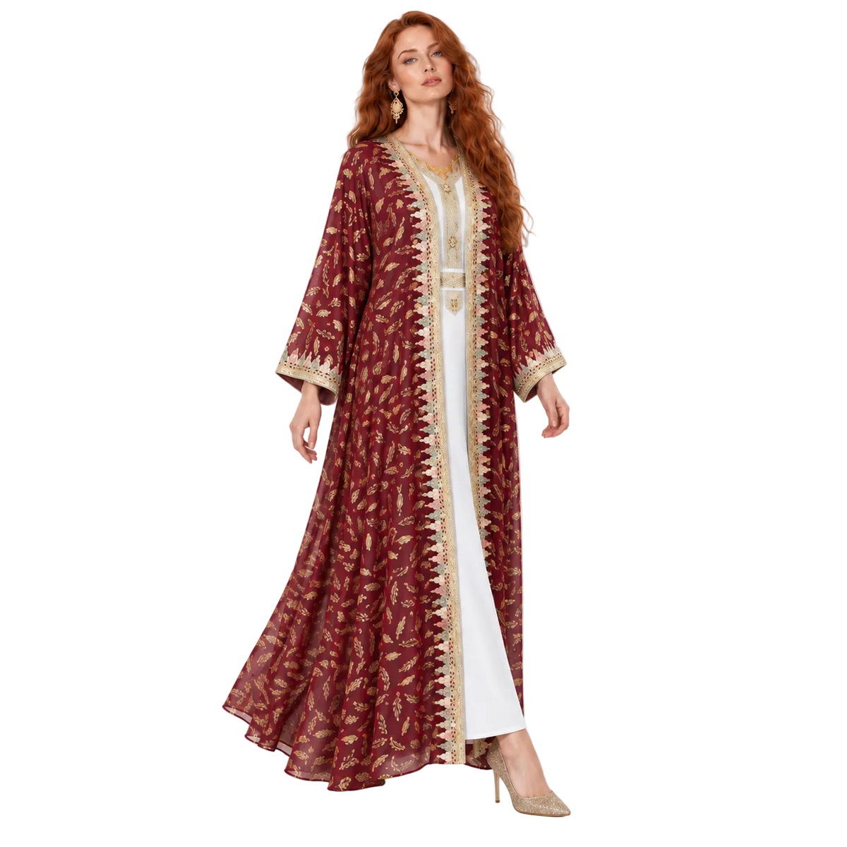 Burgundy Gold Floral Embroidered Lebaran Kaftan-2
