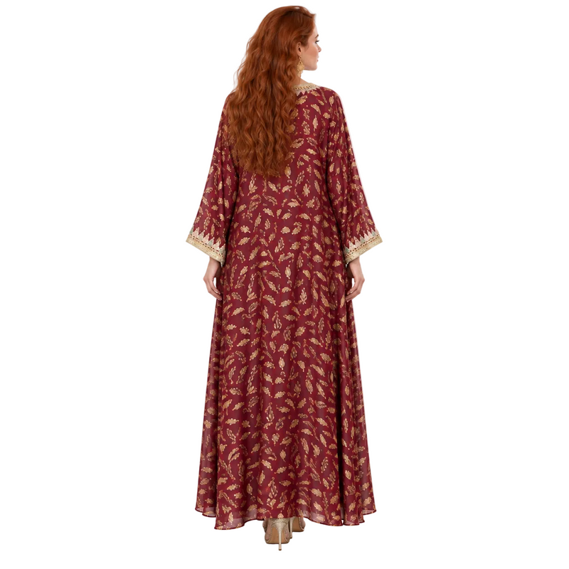 Burgundy Gold Floral Embroidered Lebaran Kaftan-4