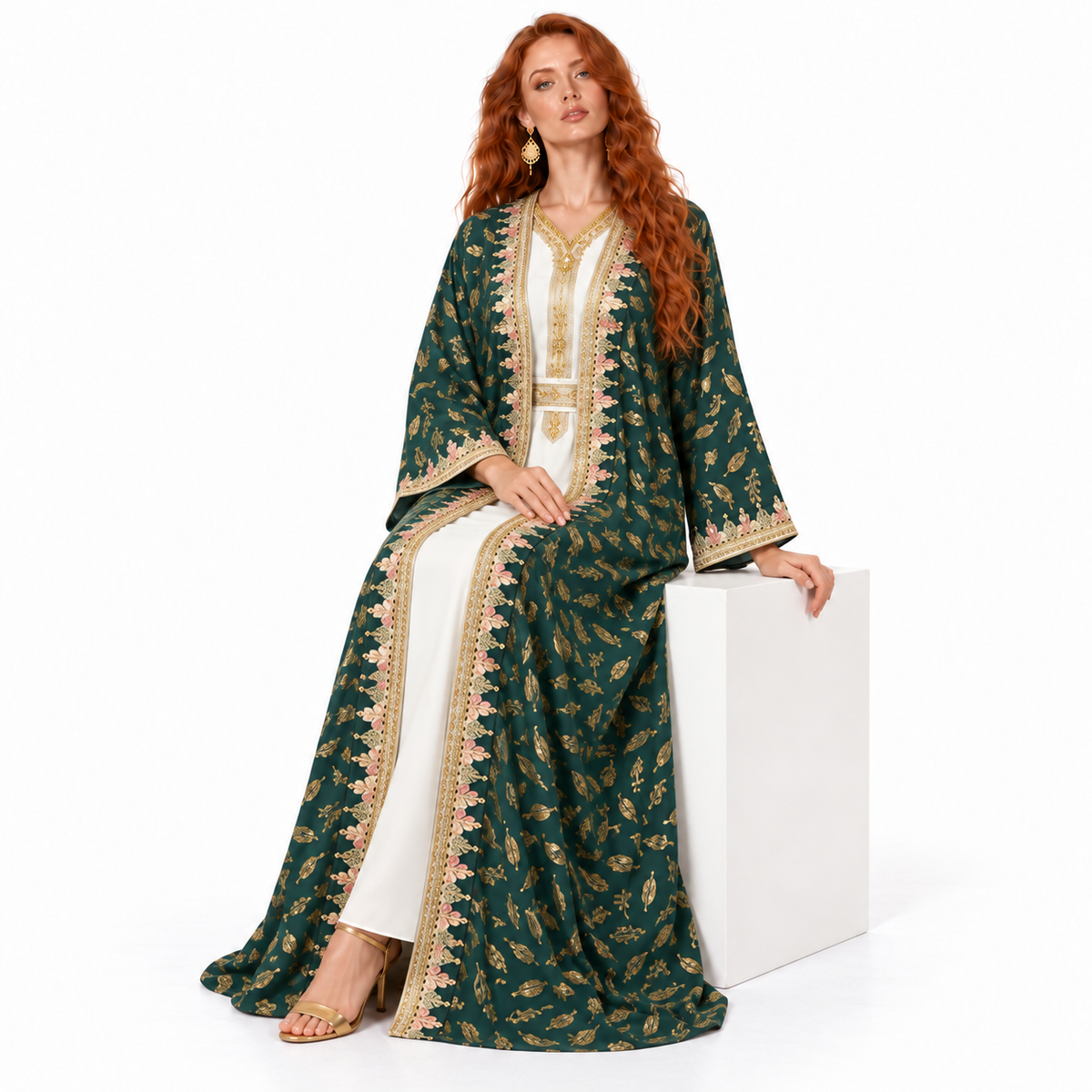 Emerald Green Gold Embroidered Lebaran Kaftan