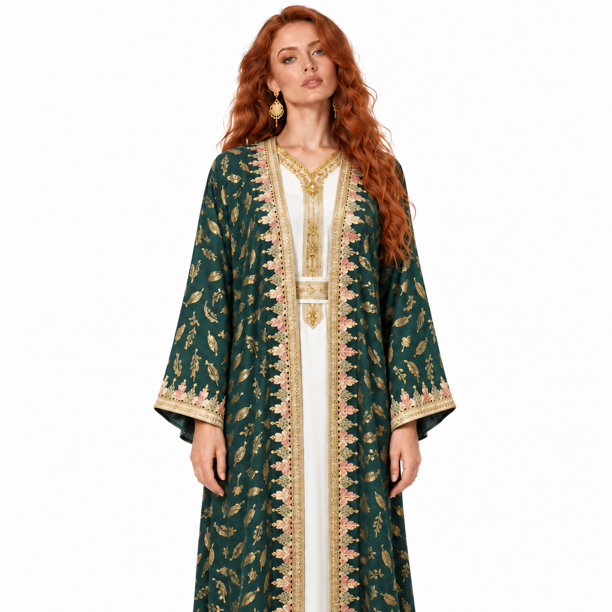Emerald Green Gold Embroidered Lebaran Kaftan-4