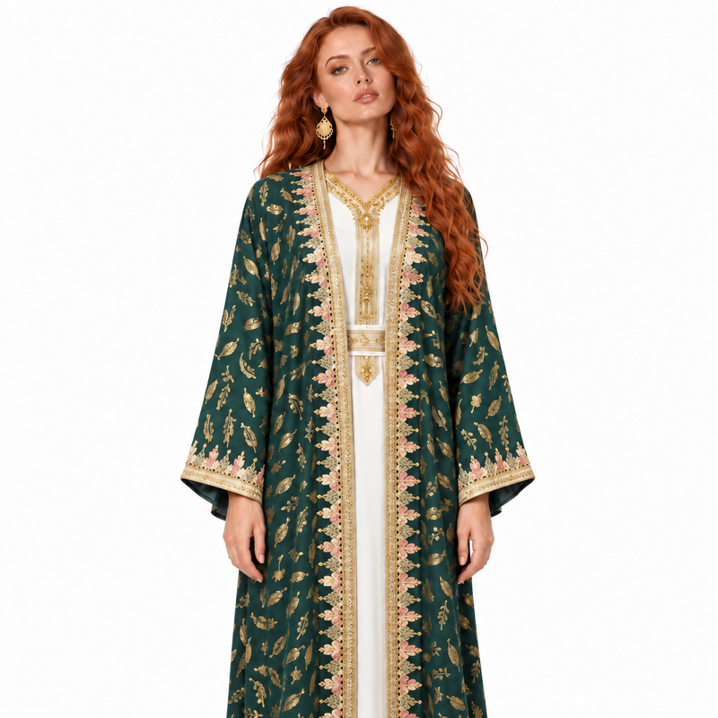 Emerald Green Gold Embroidered Lebaran Kaftan-4