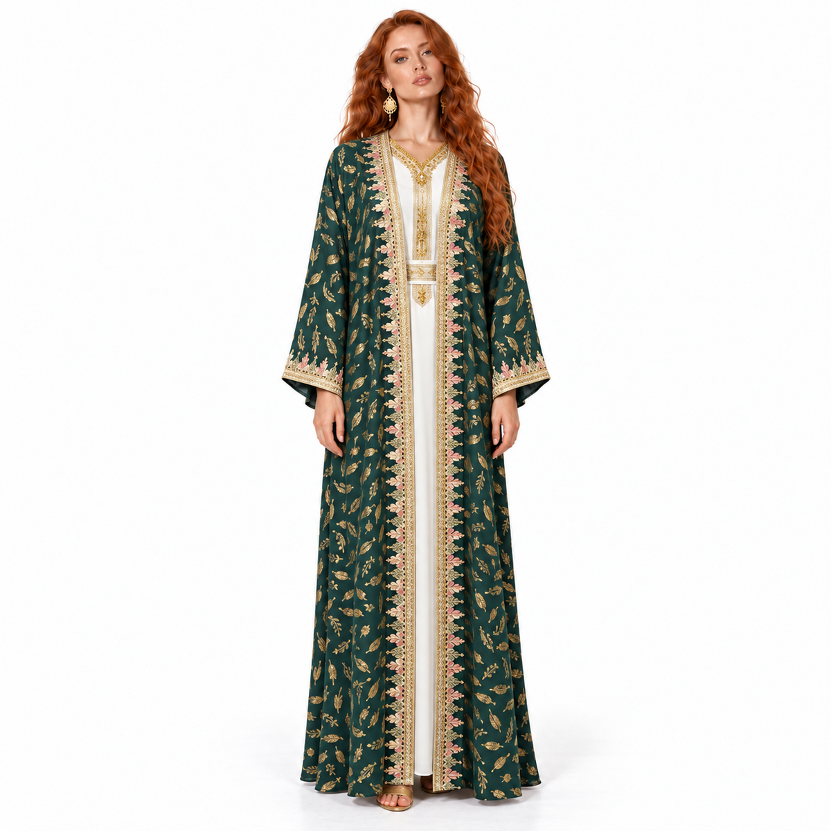 Emerald Green Gold Embroidered Lebaran Kaftan-1