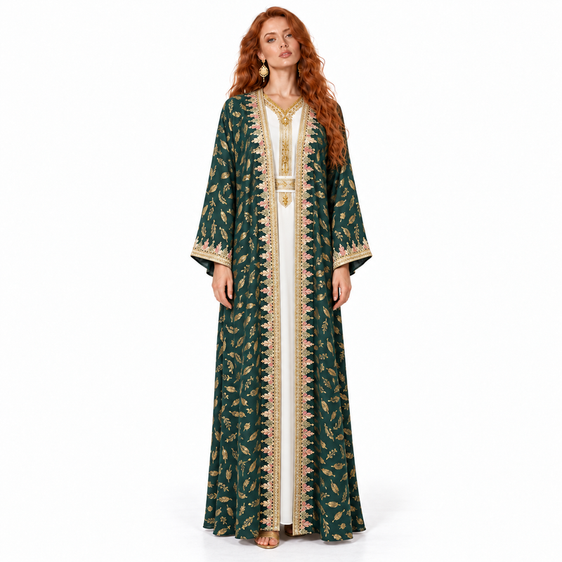 Emerald Green Gold Embroidered Lebaran Kaftan-1