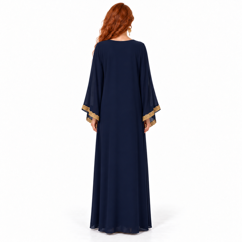 Navy Gold Embroidered Luxury Lebaran Kaftan-4