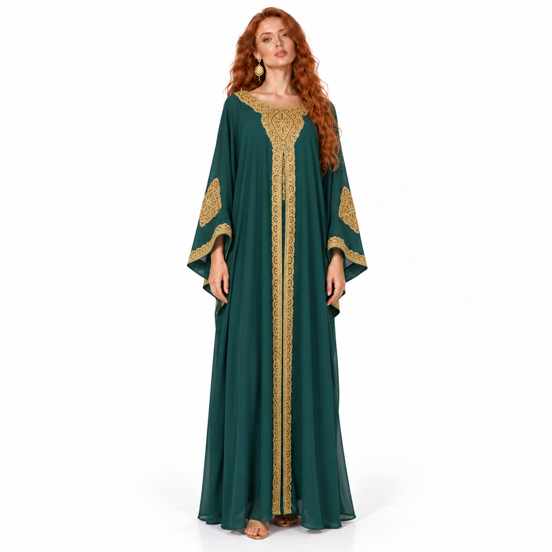 Emerald Green Gold Embroidered Lebaran Kaftan-1