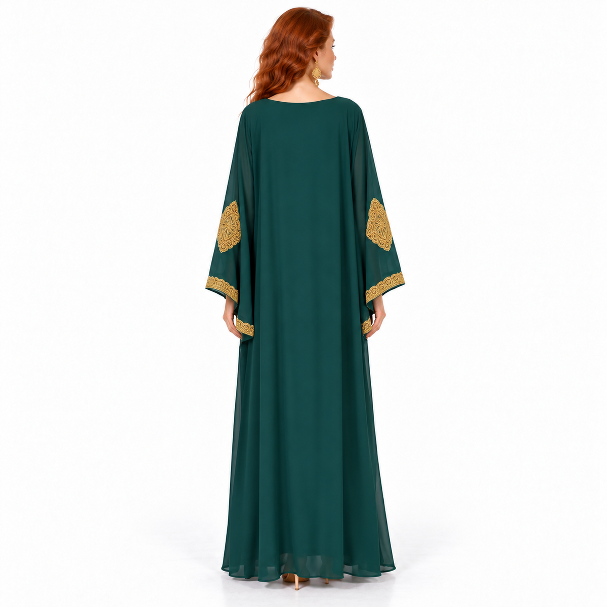 Emerald Green Gold Embroidered Lebaran Kaftan-4