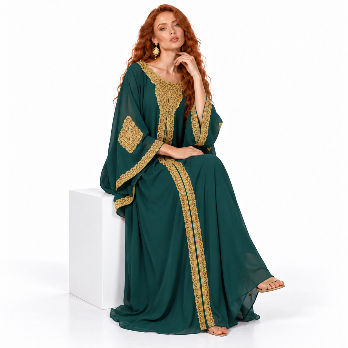Emerald Green Gold Embroidered Lebaran Kaftan-2
