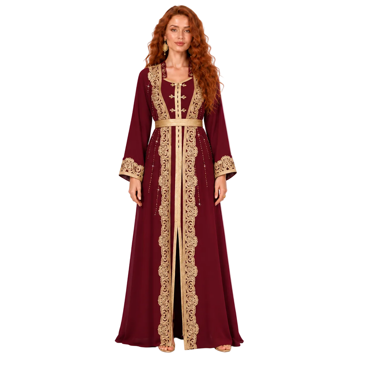 Wine Red Gold Embroidered Lebaran Kaftan