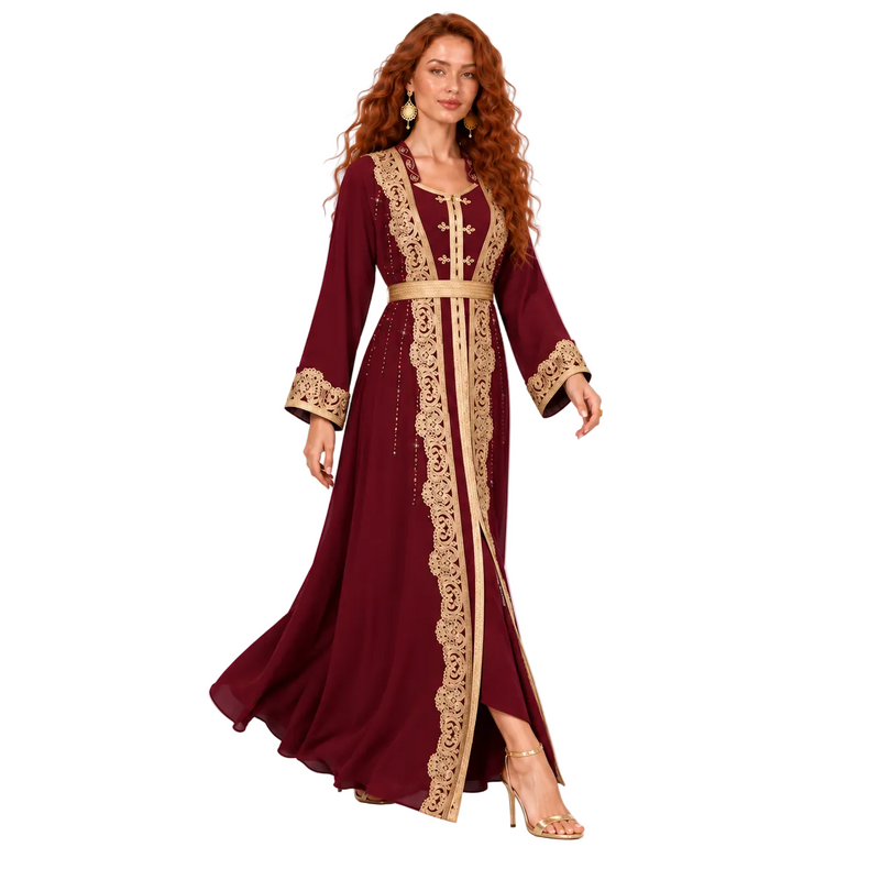 Wine Red Gold Embroidered Lebaran Kaftan-3