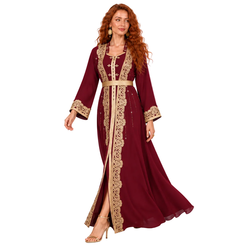 Wine Red Gold Embroidered Lebaran Kaftan-2