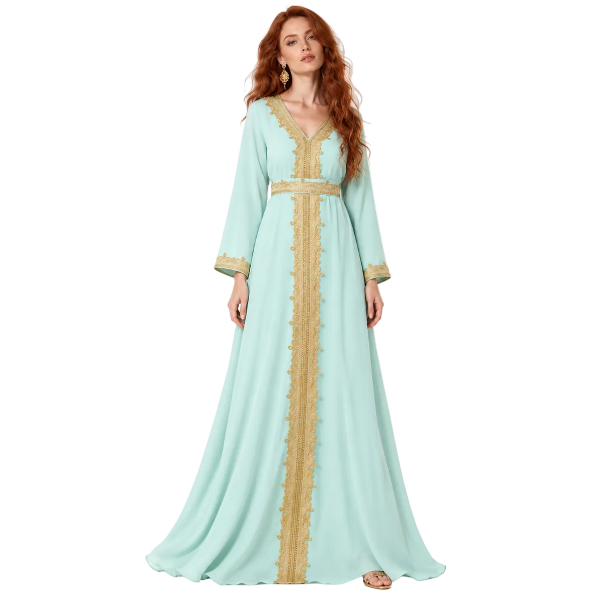 Elegant Light Green Gold Embroidered Lebaran Kaftan-1
