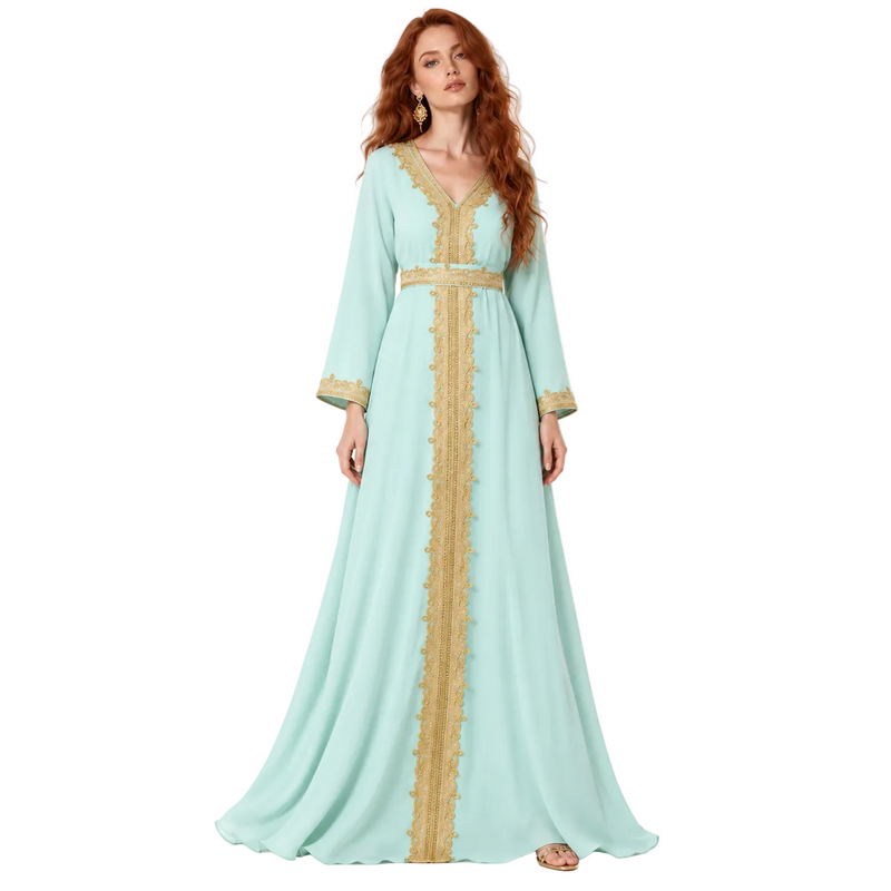 Elegant Light Green Gold Embroidered Lebaran Kaftan-1