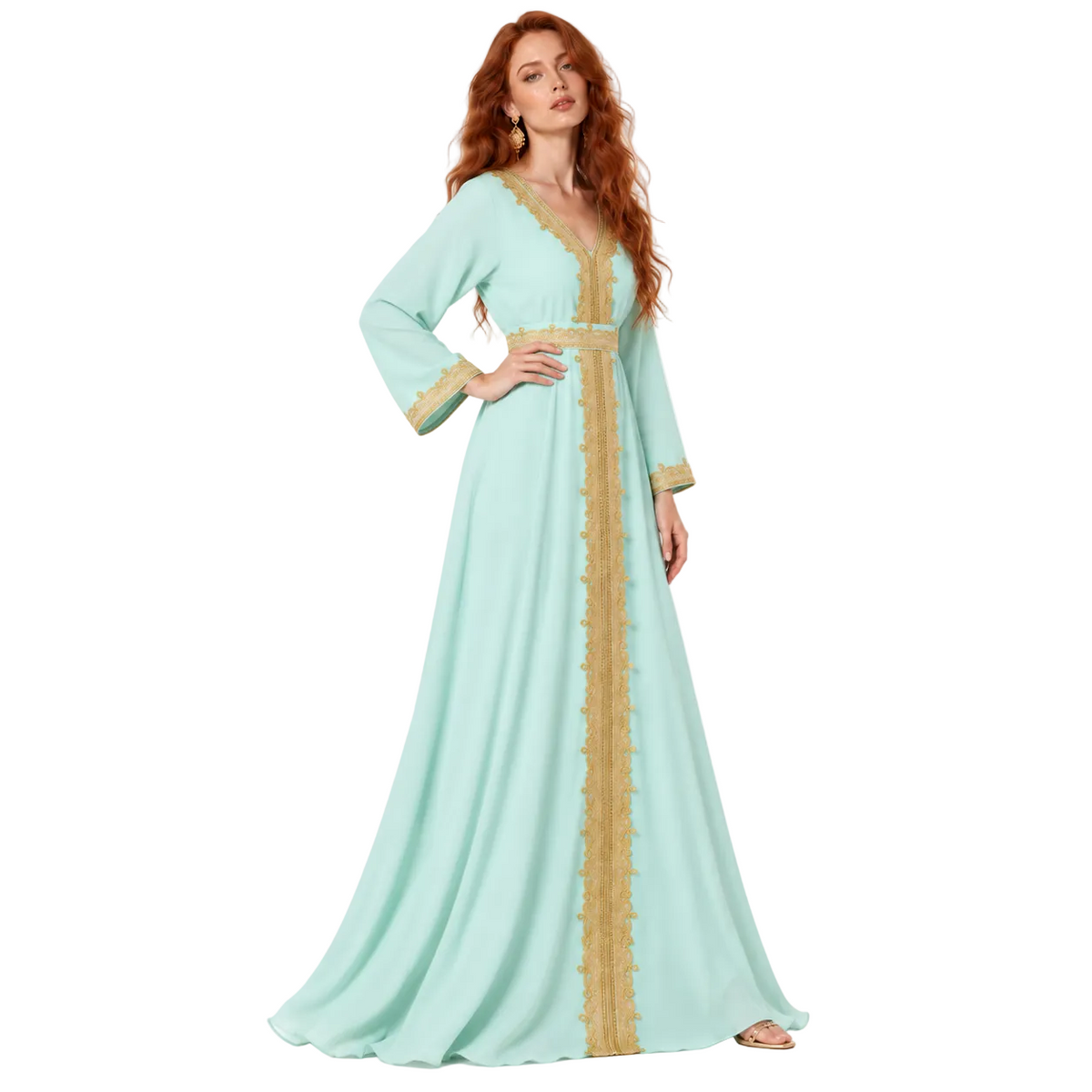 Elegant Light Green Gold Embroidered Lebaran Kaftan