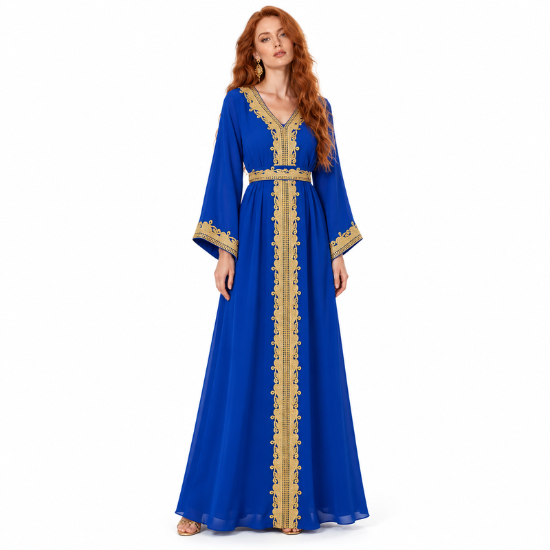 Elegant Blue Gold Embroidered Lebaran Kaftan-1