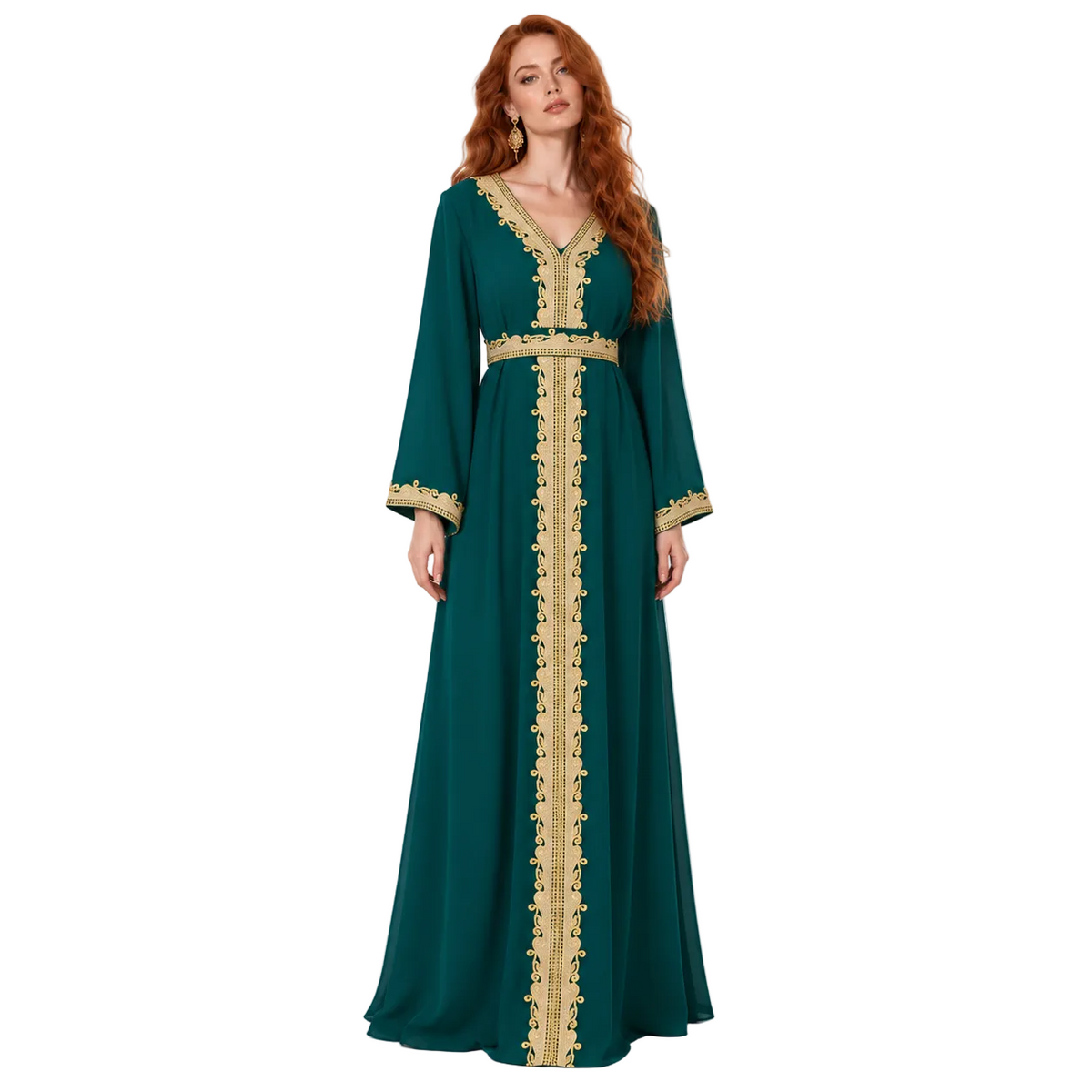 Emerald Green Gold Embroidered Lebaran Kaftan