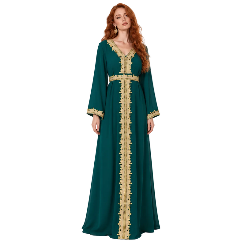 Emerald Green Gold Embroidered Lebaran Kaftan-1