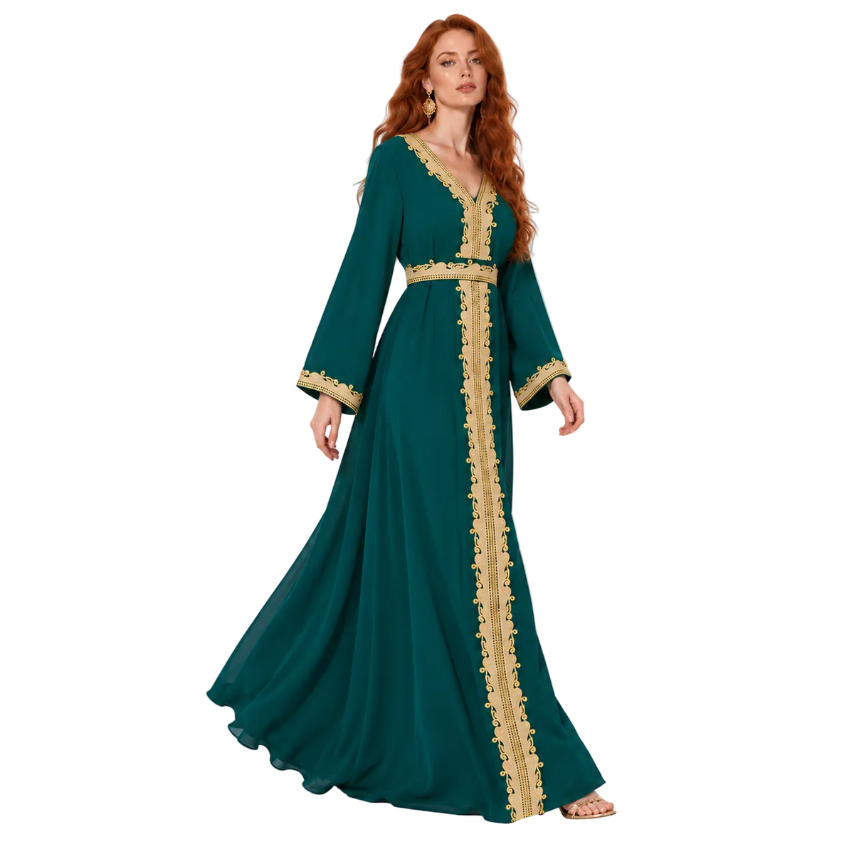 Emerald Green Gold Embroidered Lebaran Kaftan-3