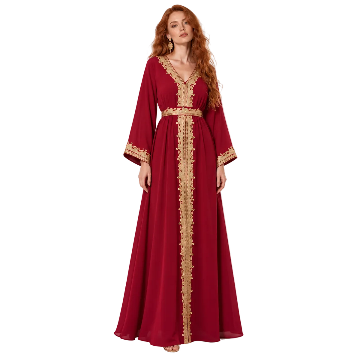 Elegant Red Gold Embroidered Lebaran Kaftan-1