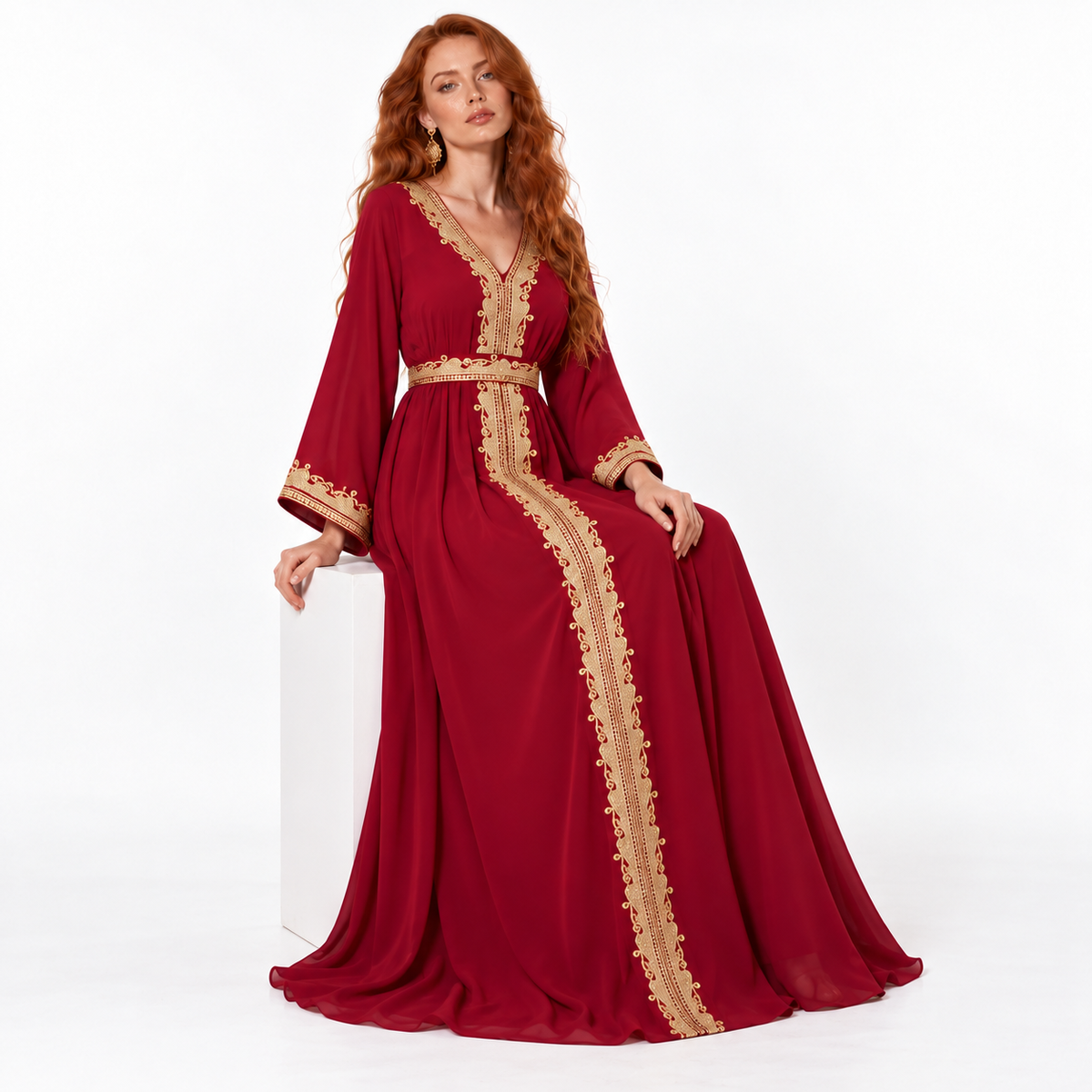 Elegant Red Gold Embroidered Lebaran Kaftan-3