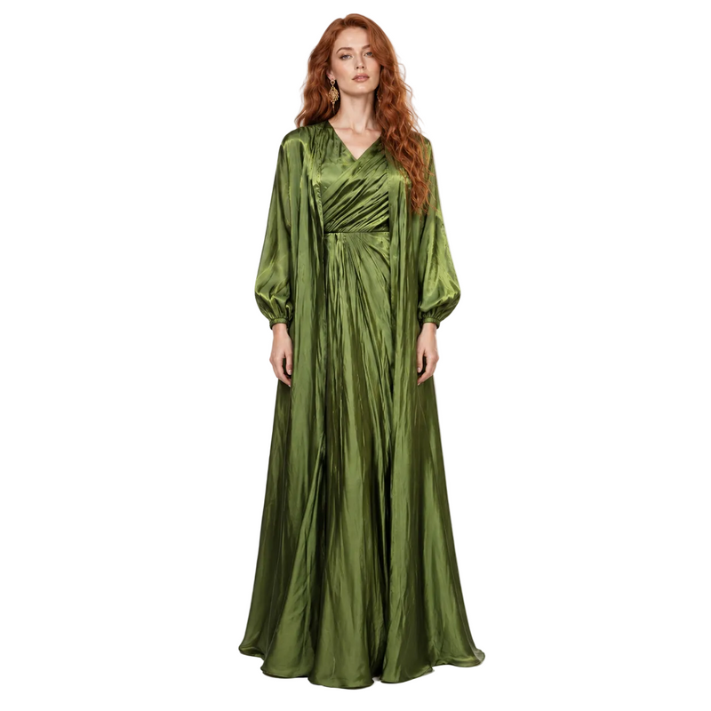Elegant Olive Green Satin Lebaran Kaftan-1