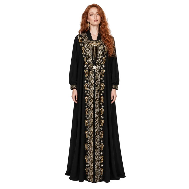 Elegant Black Gold Embroidered Lebaran Kaftan-1