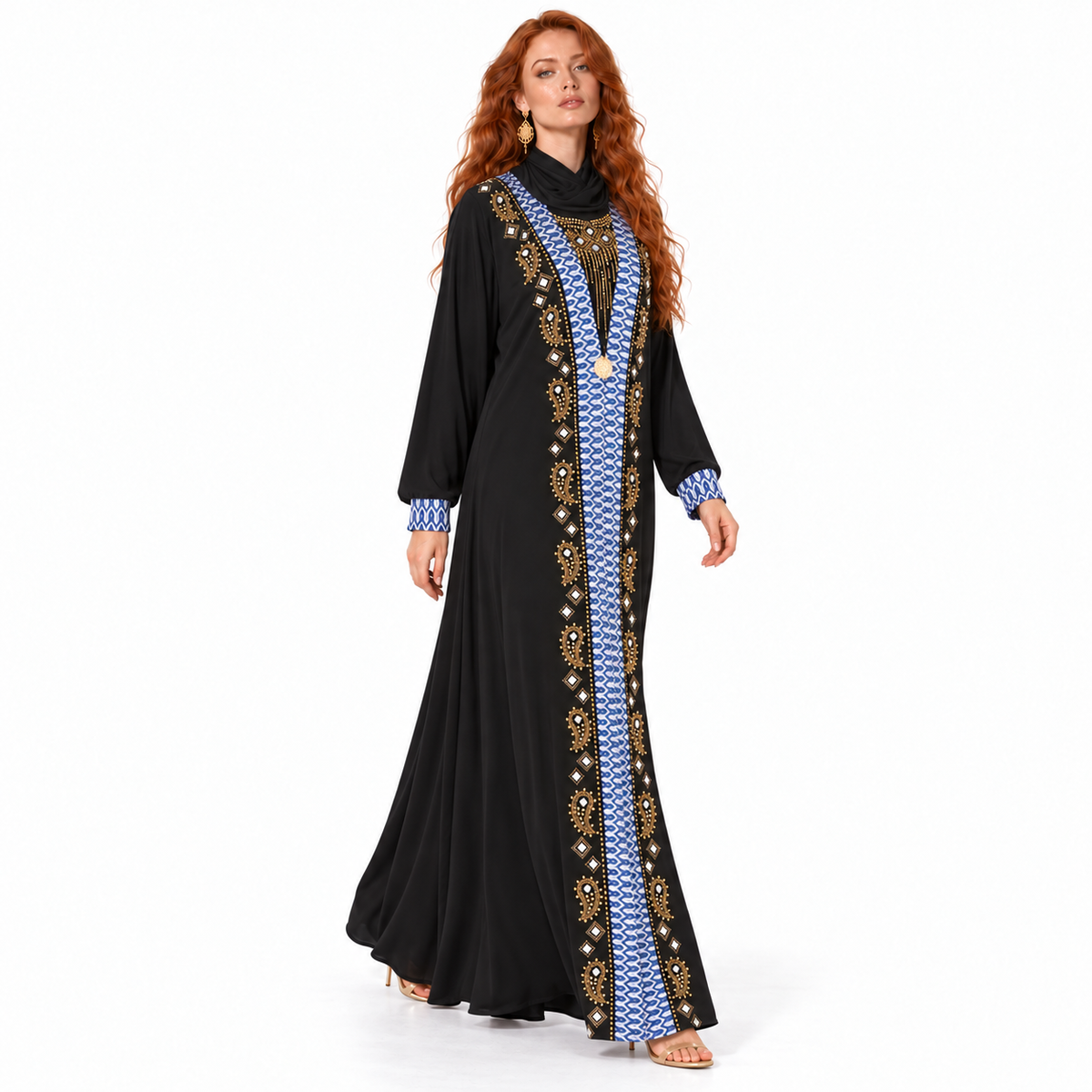 Black Blue Embroidered Luxury Lebaran Kaftan-3