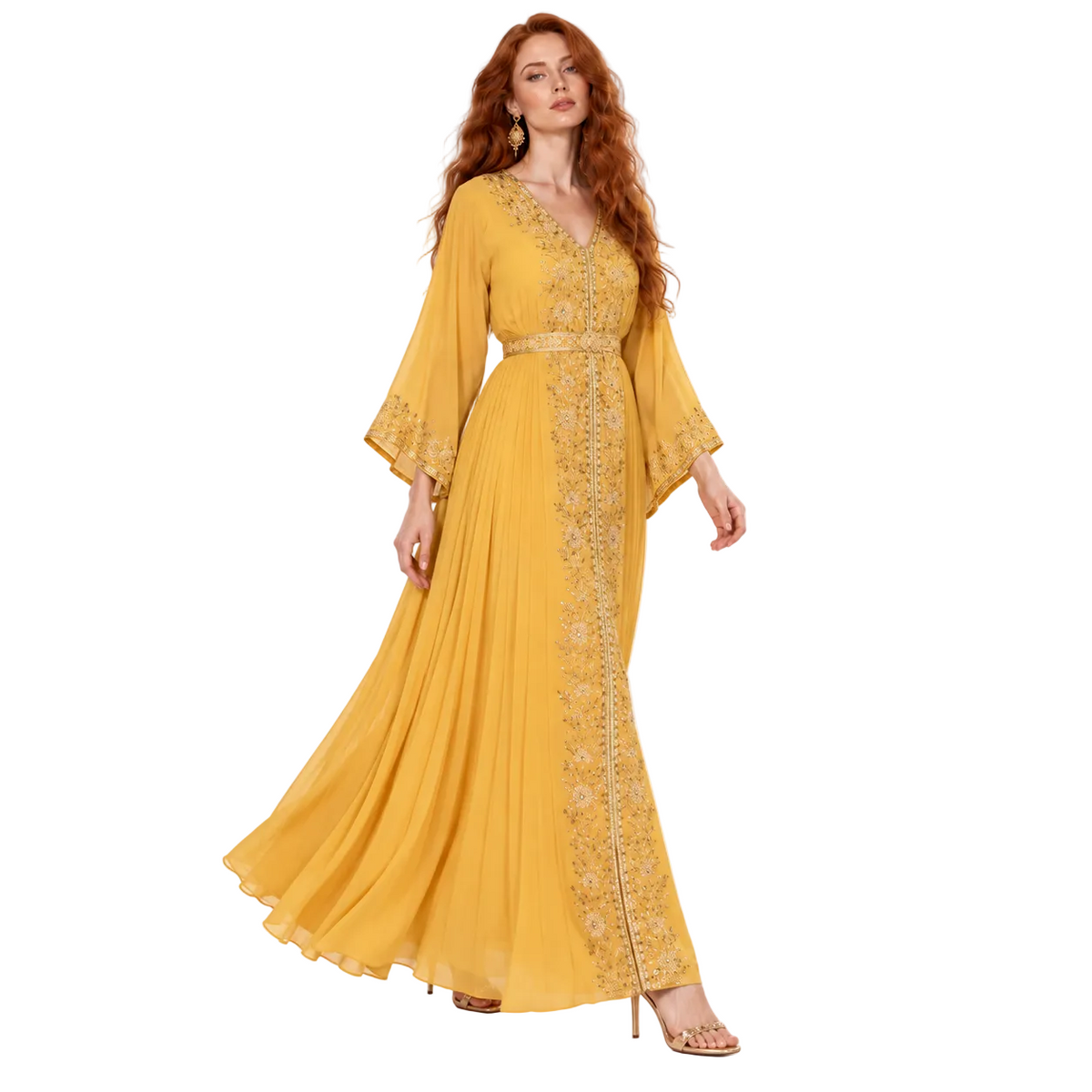 Mustard Yellow Gold Embroidered Kaftan Lebaran-2