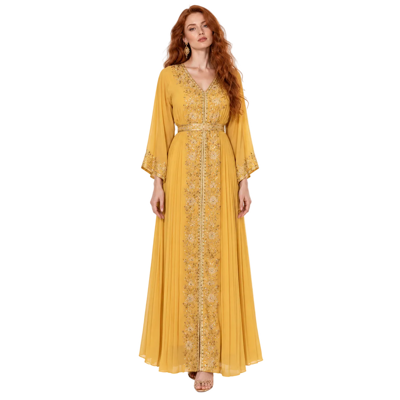 Mustard Yellow Gold Embroidered Kaftan Lebaran-1