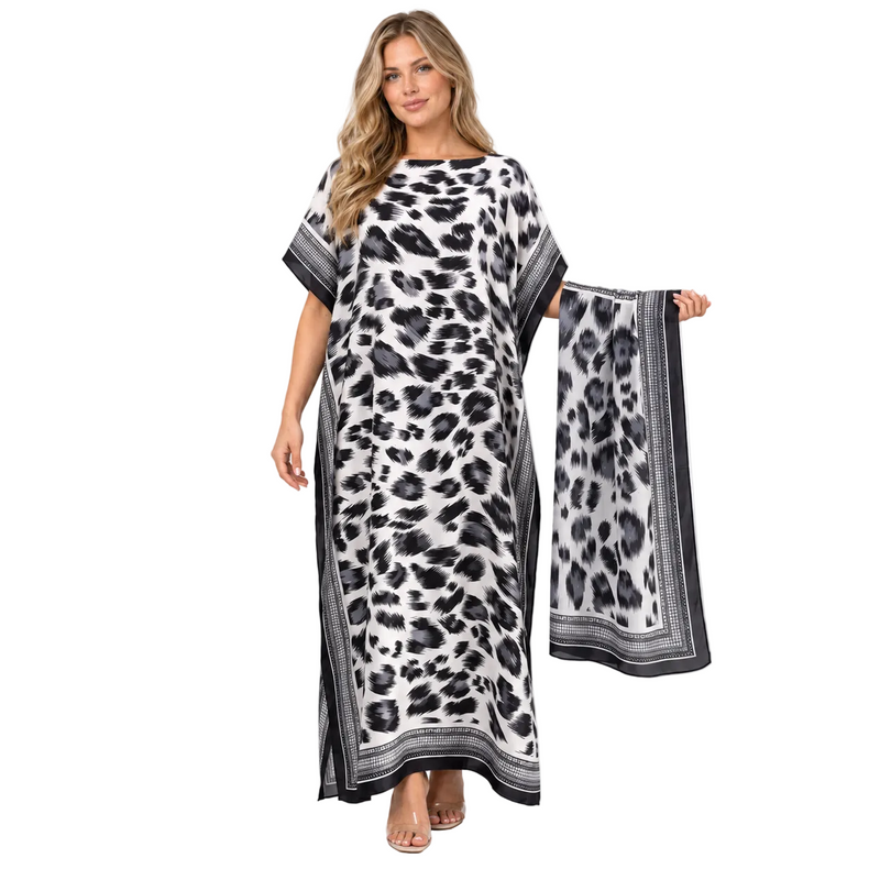 Black White Leopard Silk Satin Kaftan-1