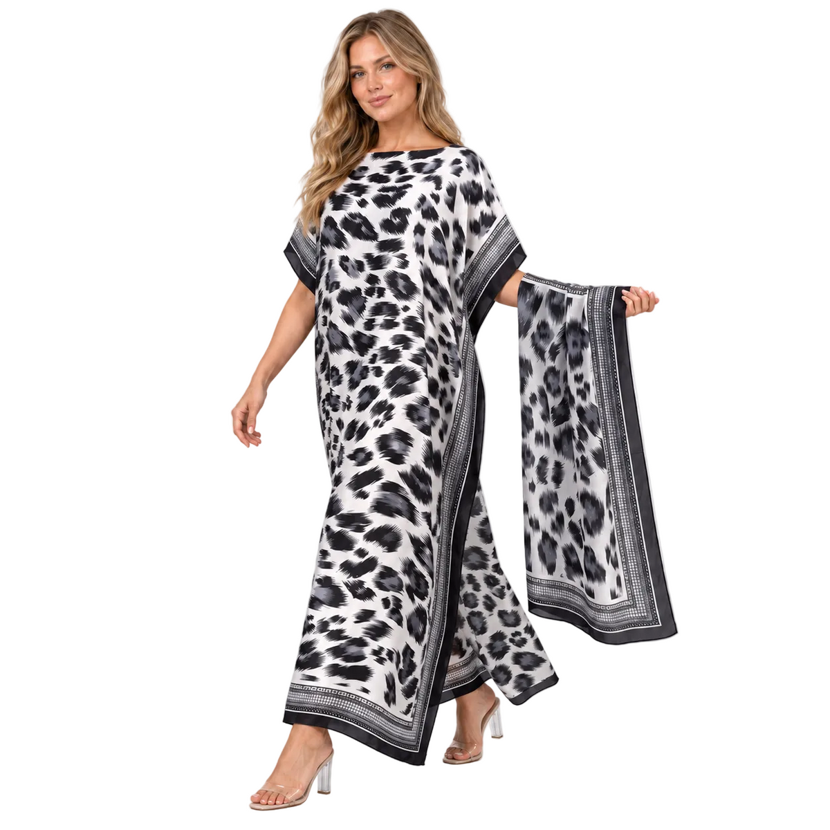 Black White Leopard Silk Satin Kaftan-2