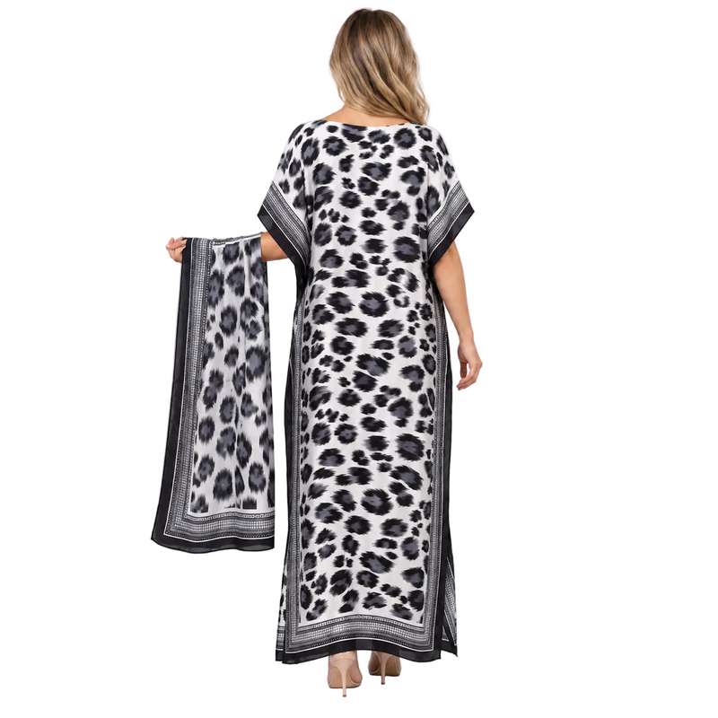 Black White Leopard Silk Satin Kaftan-4