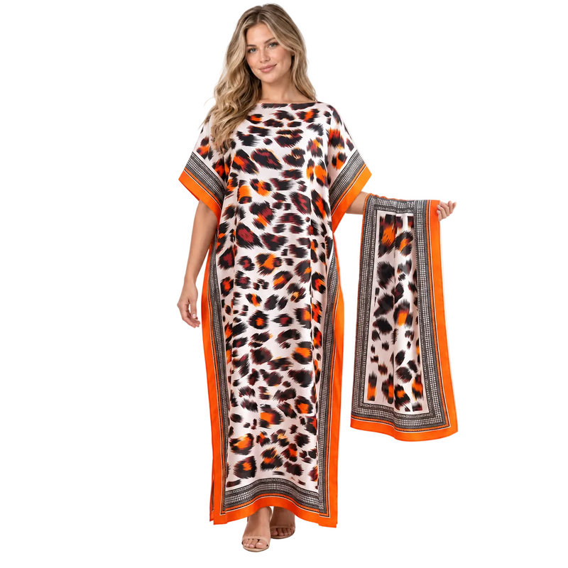 Coral Red Leopard Silk Satin Kaftan-1