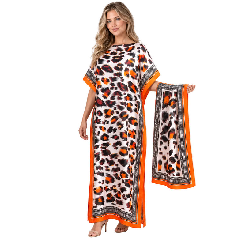 Coral Red Leopard Silk Satin Kaftan-2